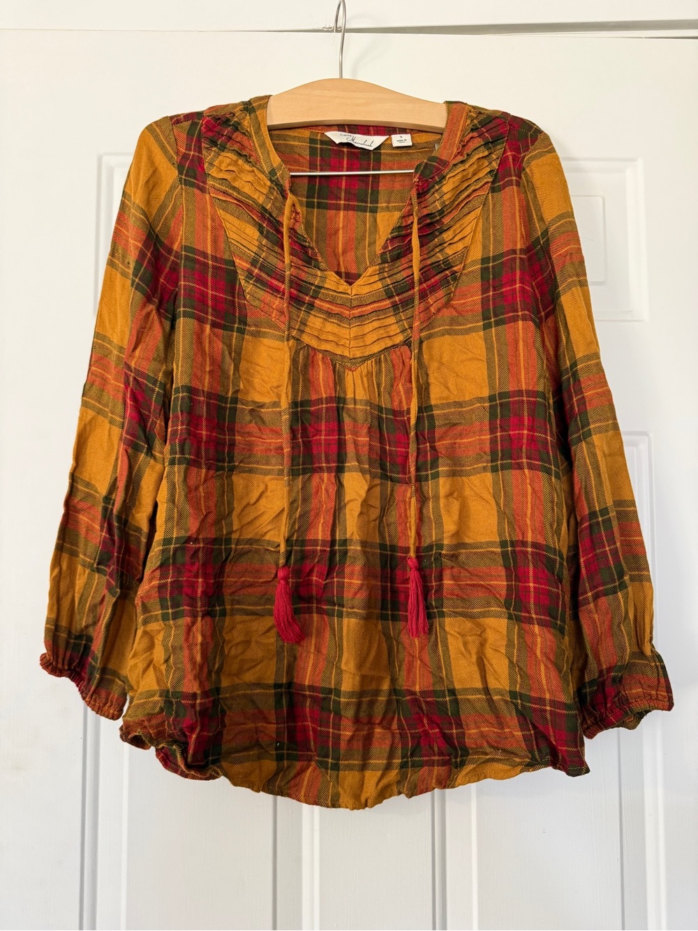 Caffe Marrakesh bohemian plaid gauze peasant blouse Size Small Red Orange Gold